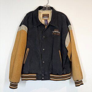 Vintage Varsity Suede Canvas Bomber Large 80s Black Brown Embroidered Jacket